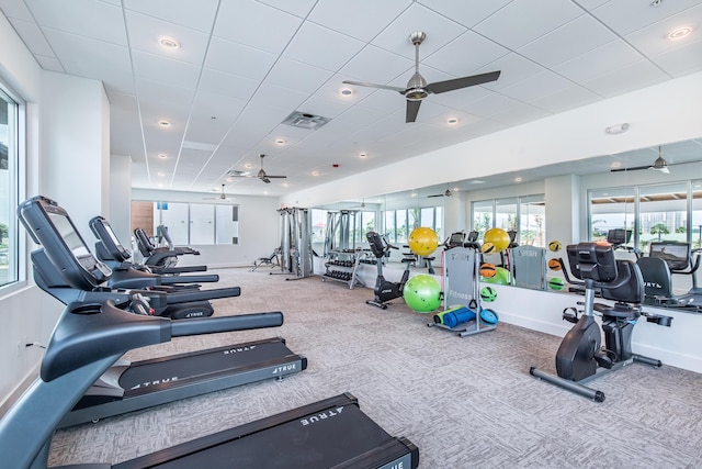 gym featuring a ceiling fan, a paneled ceiling, visible vents, and baseboards