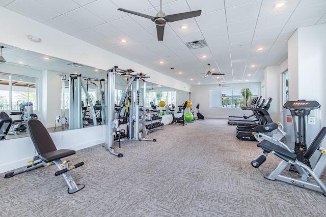 exercise room with a healthy amount of sunlight, carpet, visible vents, and ceiling fan