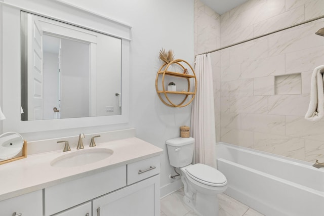 full bathroom with toilet, vanity, baseboards, marble finish floor, and shower / tub combo with curtain