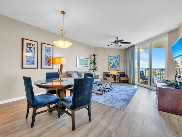 dining room featuring ceiling fan, wood finished floors, baseboards, and expansive windows