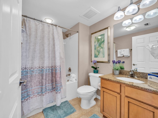 bathroom with vanity, shower / tub combo, toilet, and visible vents