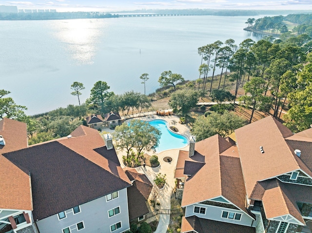 drone / aerial view featuring a water view