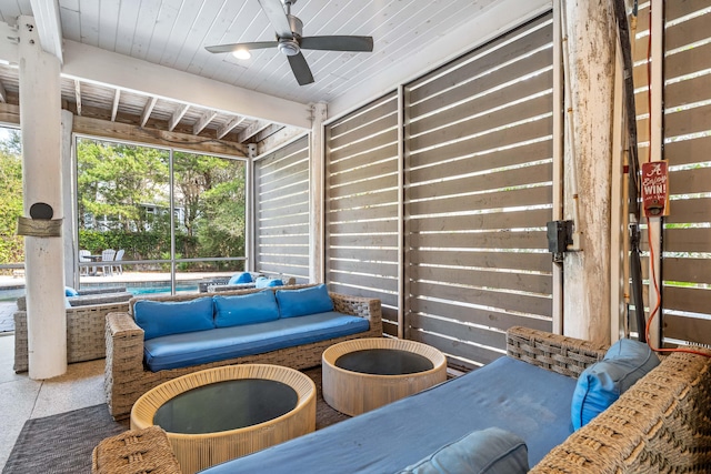 view of patio / terrace featuring ceiling fan, a swimming pool, and outdoor lounge area