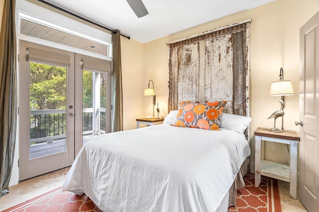 bedroom with french doors, a ceiling fan, and access to exterior