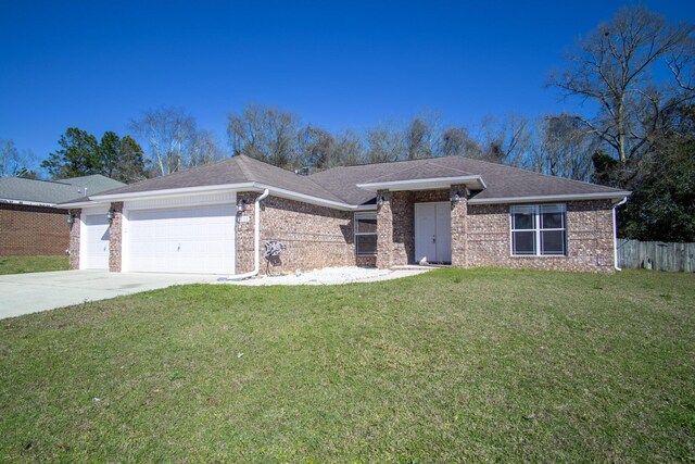 ranch-style house with a garage, concrete driveway, brick siding, and a front lawn