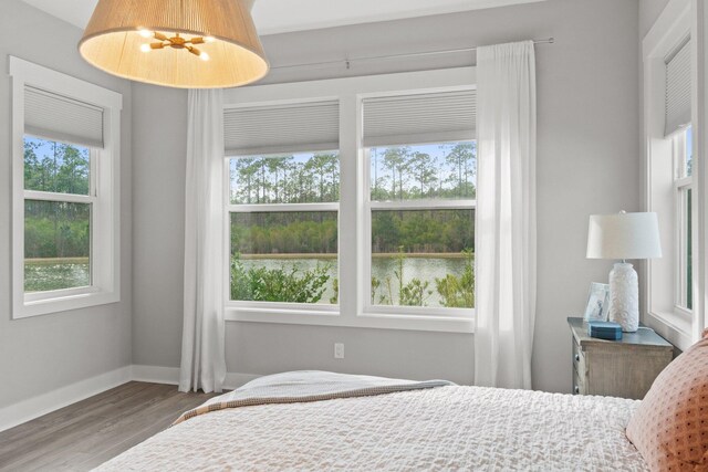 bedroom featuring a water view, baseboards, and wood finished floors