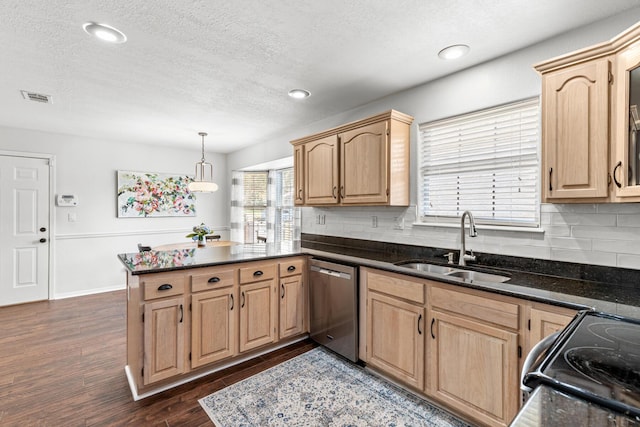 kitchen featuring electric stove, dishwasher, a peninsula, light brown cabinetry, and a sink