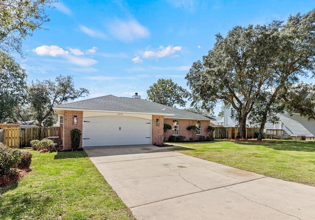 ranch-style home with driveway, fence, a front lawn, and brick siding