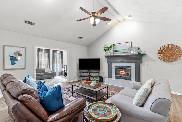 living area featuring lofted ceiling with beams, a fireplace, visible vents, and wood finished floors