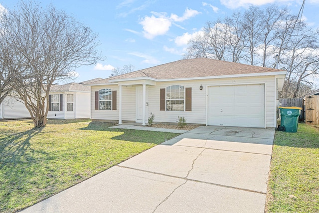 ranch-style home with roof with shingles, an attached garage, a front yard, fence, and driveway