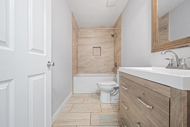 full bath with toilet,  shower combination, a textured ceiling, and vanity