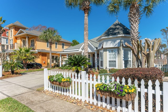 view of front of home with driveway and a fenced front yard