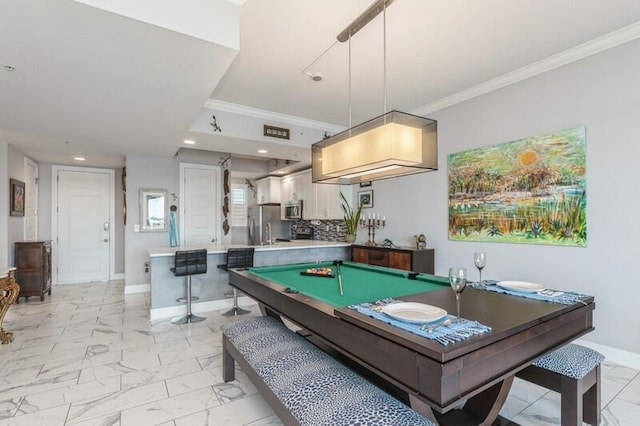 rec room featuring baseboards, pool table, marble finish floor, crown molding, and recessed lighting