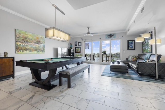 game room with ornamental molding, marble finish floor, pool table, and ceiling fan