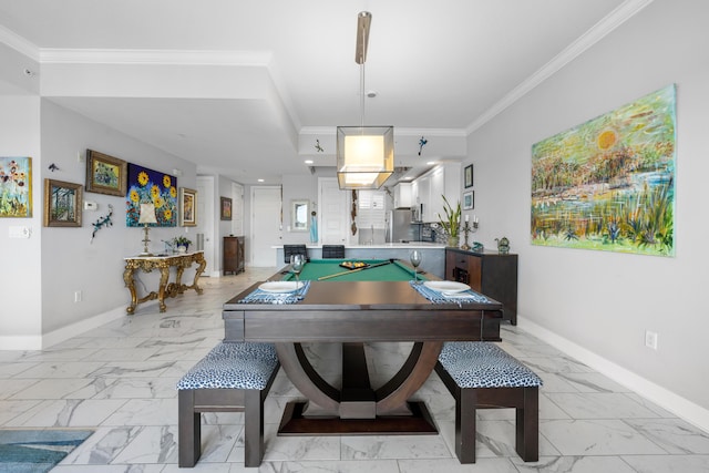 rec room featuring ornamental molding, marble finish floor, billiards, and baseboards