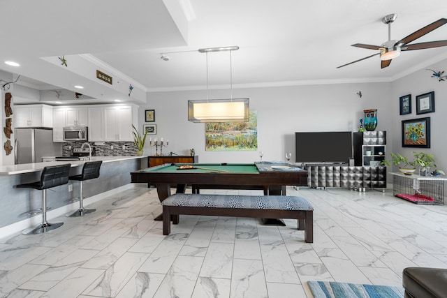 rec room featuring billiards, a ceiling fan, marble finish floor, crown molding, and recessed lighting