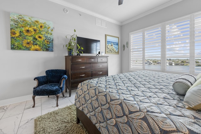 bedroom featuring marble finish floor, ornamental molding, visible vents, and a ceiling fan