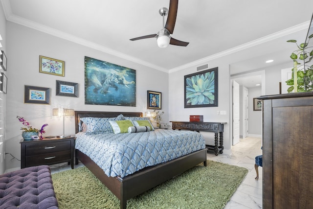 bedroom featuring marble finish floor, visible vents, ornamental molding, a ceiling fan, and baseboards