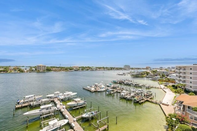 property view of water featuring a view of city, a boat dock, and boat lift