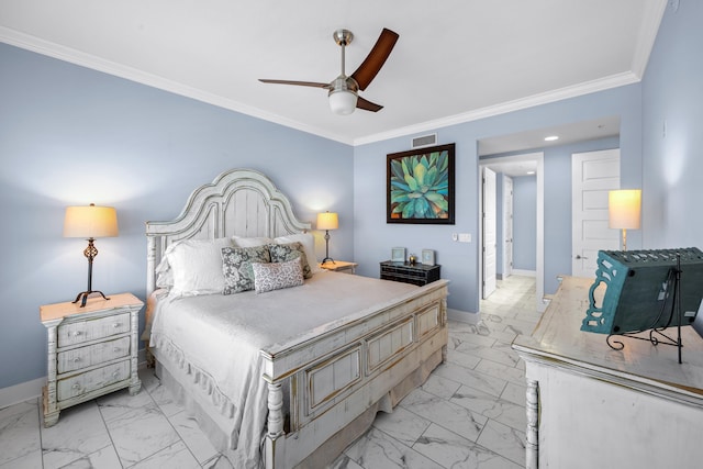 bedroom with baseboards, marble finish floor, visible vents, and crown molding