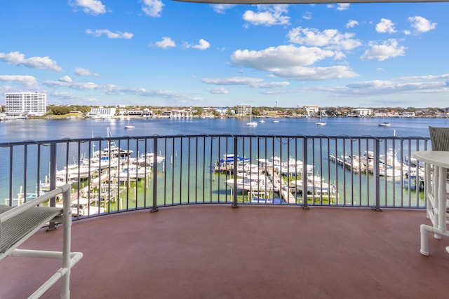 view of patio with a water view and a balcony