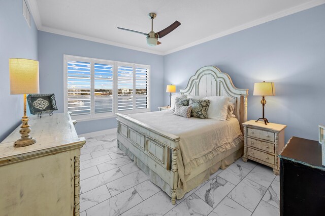 bedroom with marble finish floor, baseboards, visible vents, and crown molding