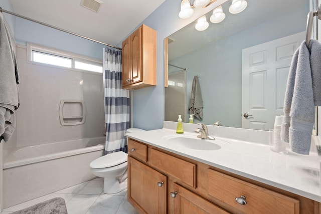 bathroom with shower / bath combo, visible vents, toilet, tile patterned floors, and vanity