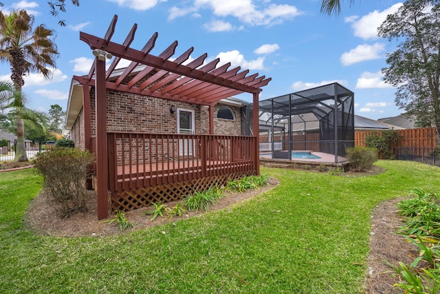 view of yard featuring a wooden deck, a fenced backyard, a lanai, and a fenced in pool