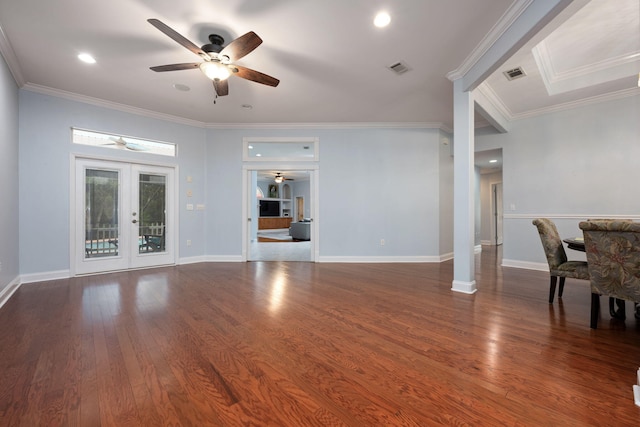 living area with french doors, dark wood finished floors, visible vents, and baseboards