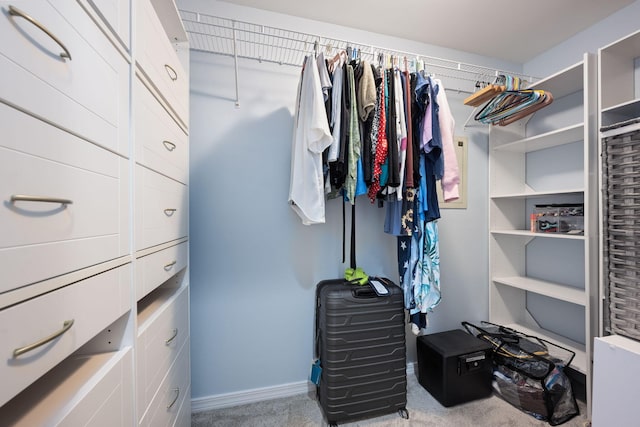 walk in closet featuring light colored carpet