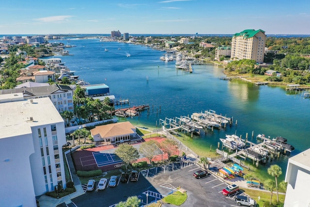 birds eye view of property featuring a water view