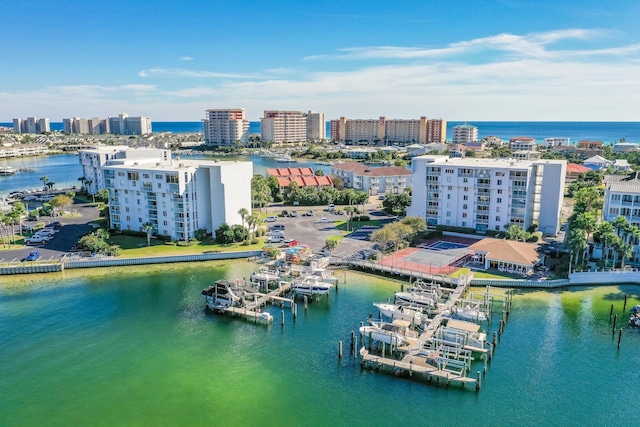 drone / aerial view with a water view and a city view