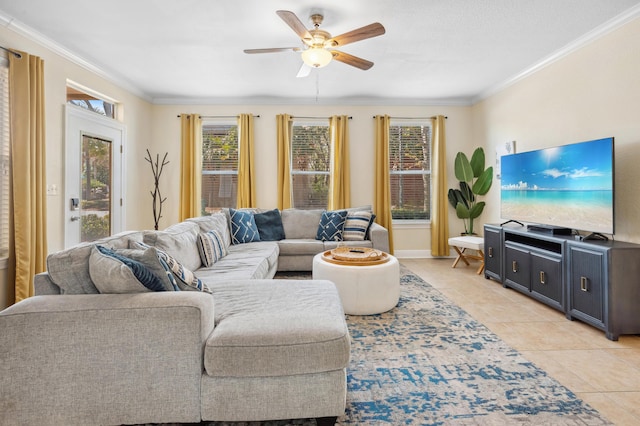 living room featuring light tile patterned floors, ceiling fan, and ornamental molding