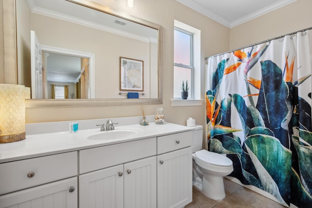 full bath featuring toilet, visible vents, vanity, tile patterned floors, and crown molding