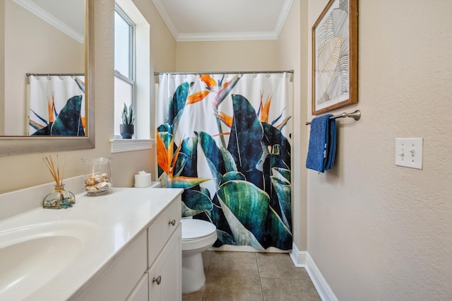 bathroom with tile patterned flooring, toilet, a shower with shower curtain, vanity, and crown molding