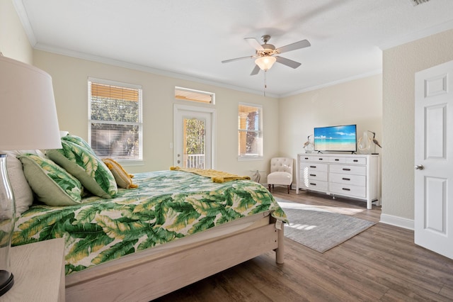 bedroom featuring crown molding, dark wood-type flooring, multiple windows, and access to exterior