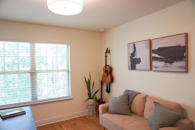 living area featuring baseboards and wood finished floors