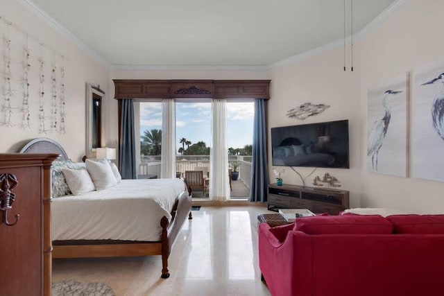 bedroom featuring access to exterior and crown molding