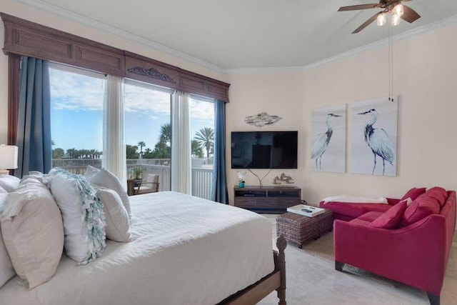 bedroom featuring access to outside, a ceiling fan, and crown molding