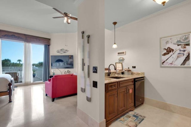 bar with black dishwasher, ceiling fan, ornamental molding, decorative light fixtures, and a sink