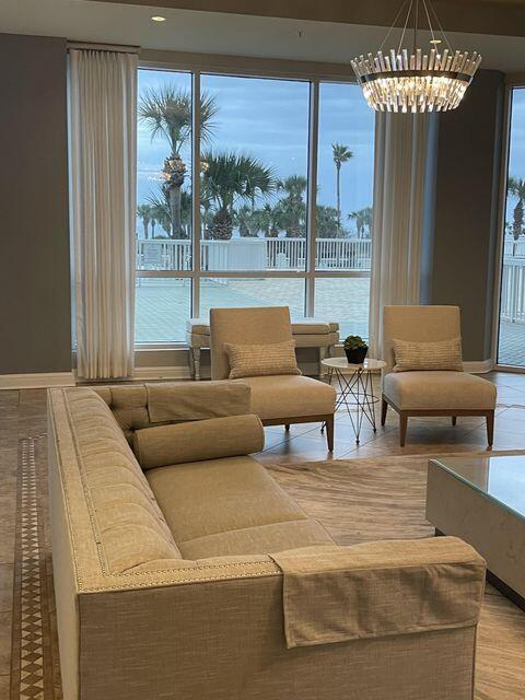 living room with a chandelier