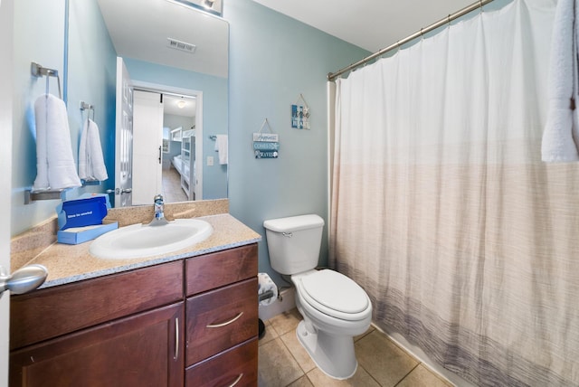 bathroom with tile patterned flooring, visible vents, vanity, and toilet