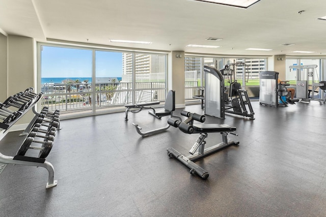 gym with a water view, baseboards, visible vents, and a wall of windows