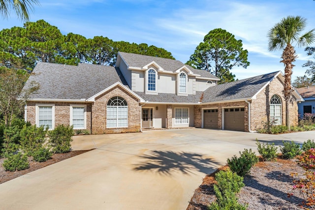 traditional-style home featuring concrete driveway, brick siding, an attached garage, and stucco siding