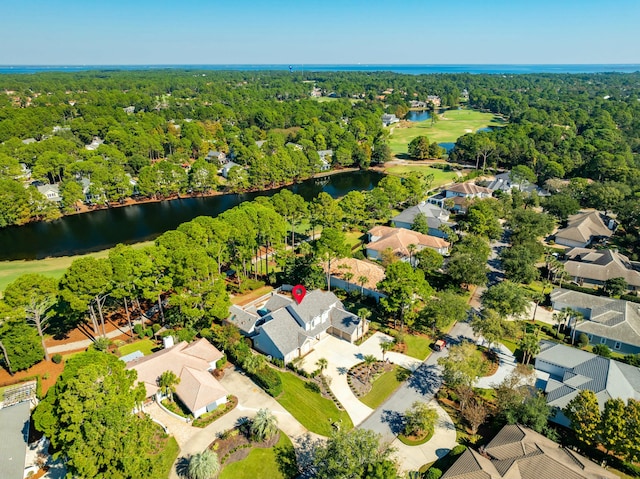 aerial view featuring a water view and a residential view