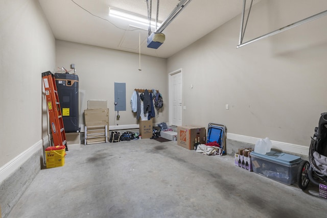 garage with electric panel and a garage door opener