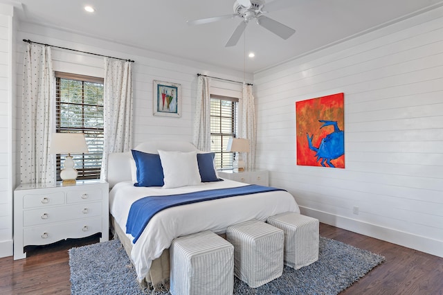 bedroom with ceiling fan, baseboards, wood finished floors, and recessed lighting