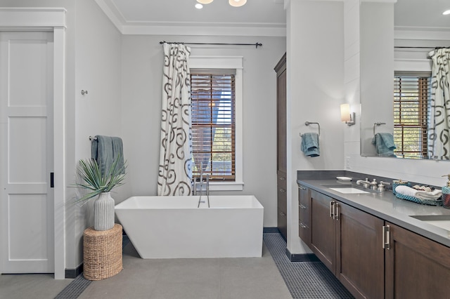 full bathroom featuring double vanity, a freestanding bath, a sink, and a wealth of natural light