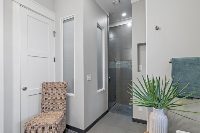 interior space with recessed lighting, tile patterned flooring, visible vents, and baseboards