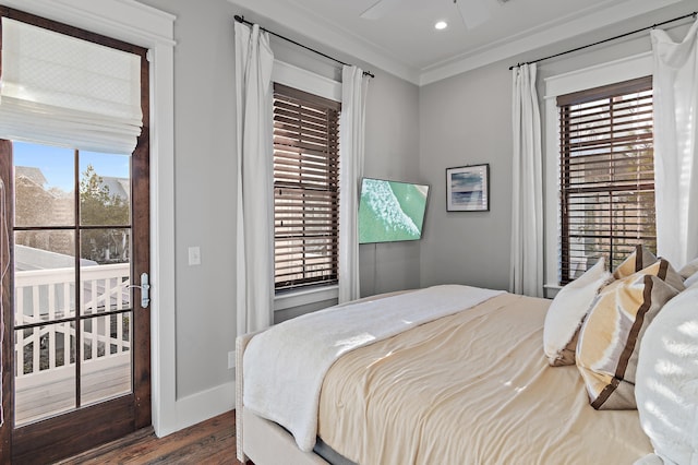 bedroom with recessed lighting, ornamental molding, wood finished floors, access to outside, and baseboards